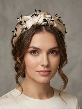 Fashion Embellished Satin Knot Headband in Champagne Cross/heart/Bow